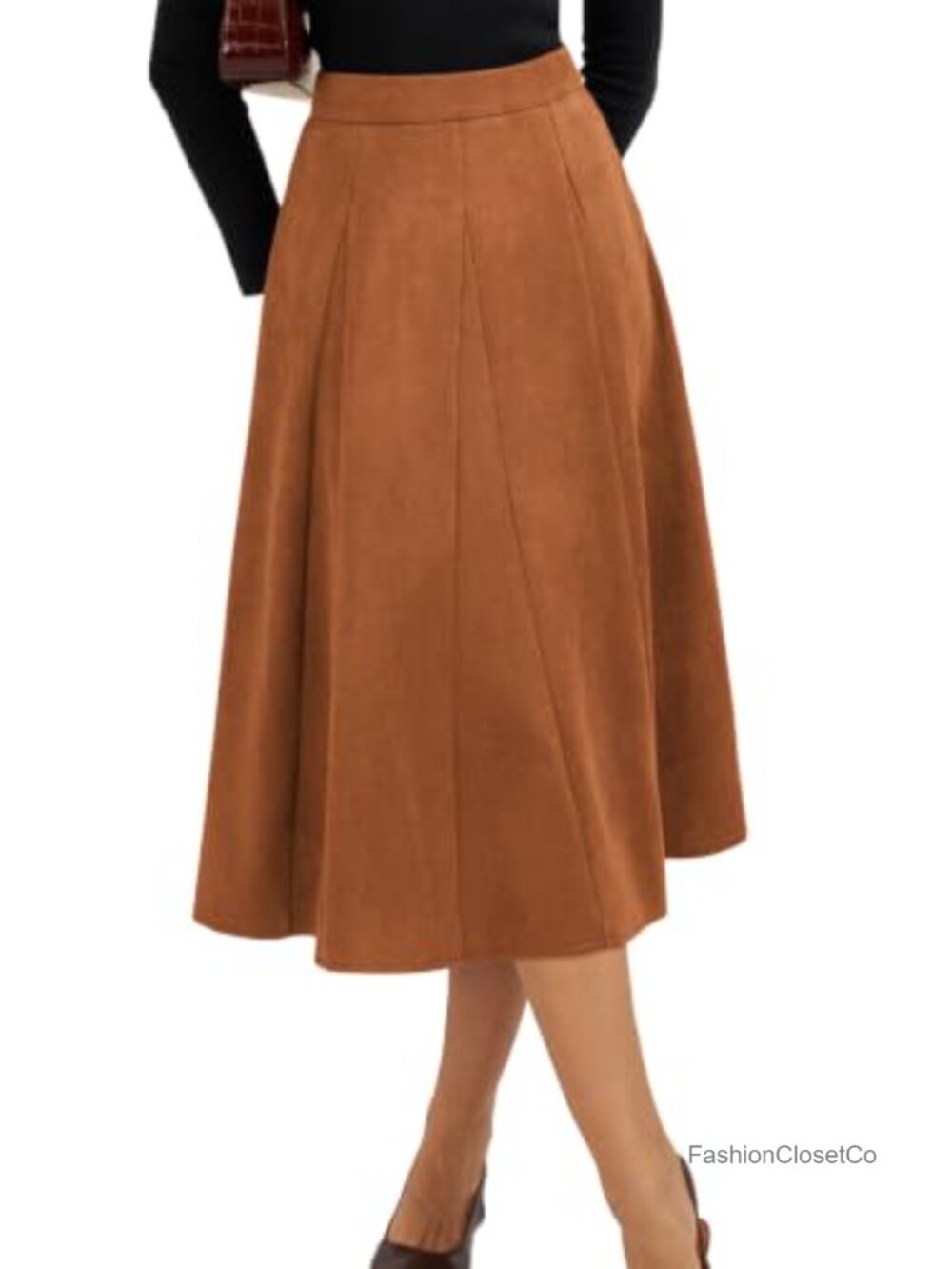 Faux Suede High Waisted A Line Midi Skirt Paneled Pleats Below Knee
